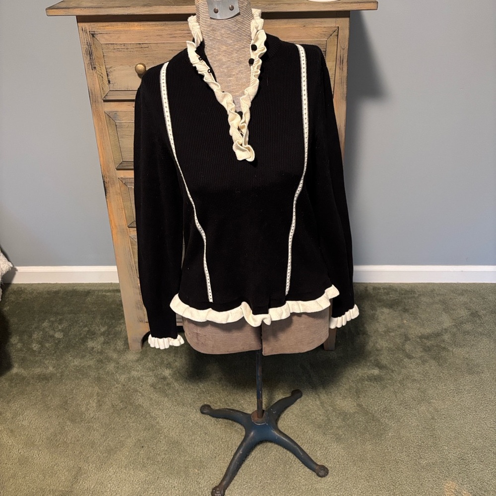 CABI Adorn #4103  Black and Cream ruffle ribbed cotton pullover sweater - Picture 2 of 10